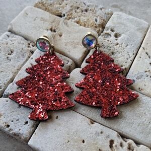 Source Unknown Red Glitter Christmas Tree Earrings